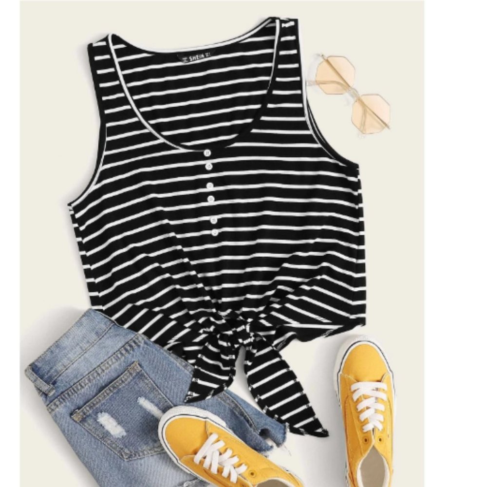 Button Detail Tie Hem Striped Tank Top